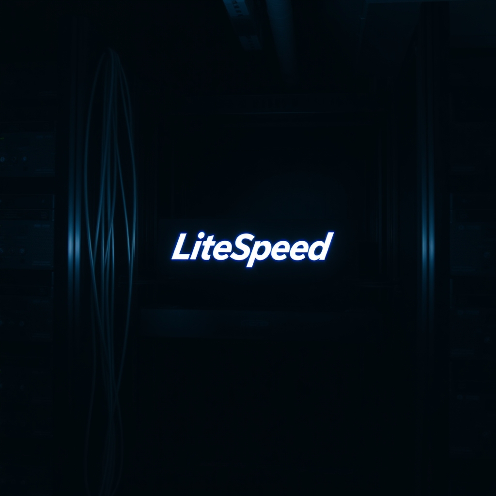 Dark server room with LiteSpeed logo on rack for email hosting optimization