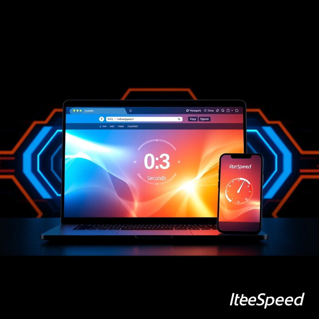 رسم توضيحي لصفحة رئيسية تُحمل فورياً على الأجهزة مع عداد سرعة يظهر 0.3 ثانية وعلامة LiteSpeed التجارية