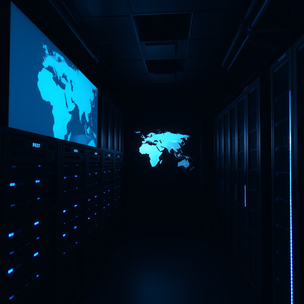غرفة خوادم مظلمة في الشرق الأوسط مع أضواء زرقاء وبرتقالية، كابلات شبكة، أرفف خوادم، أسلوب واقعي