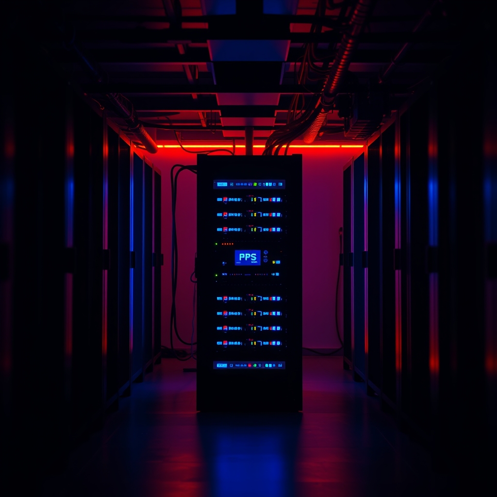 Windows VPS server rack in a dark data center for WooCommerce performance optimization